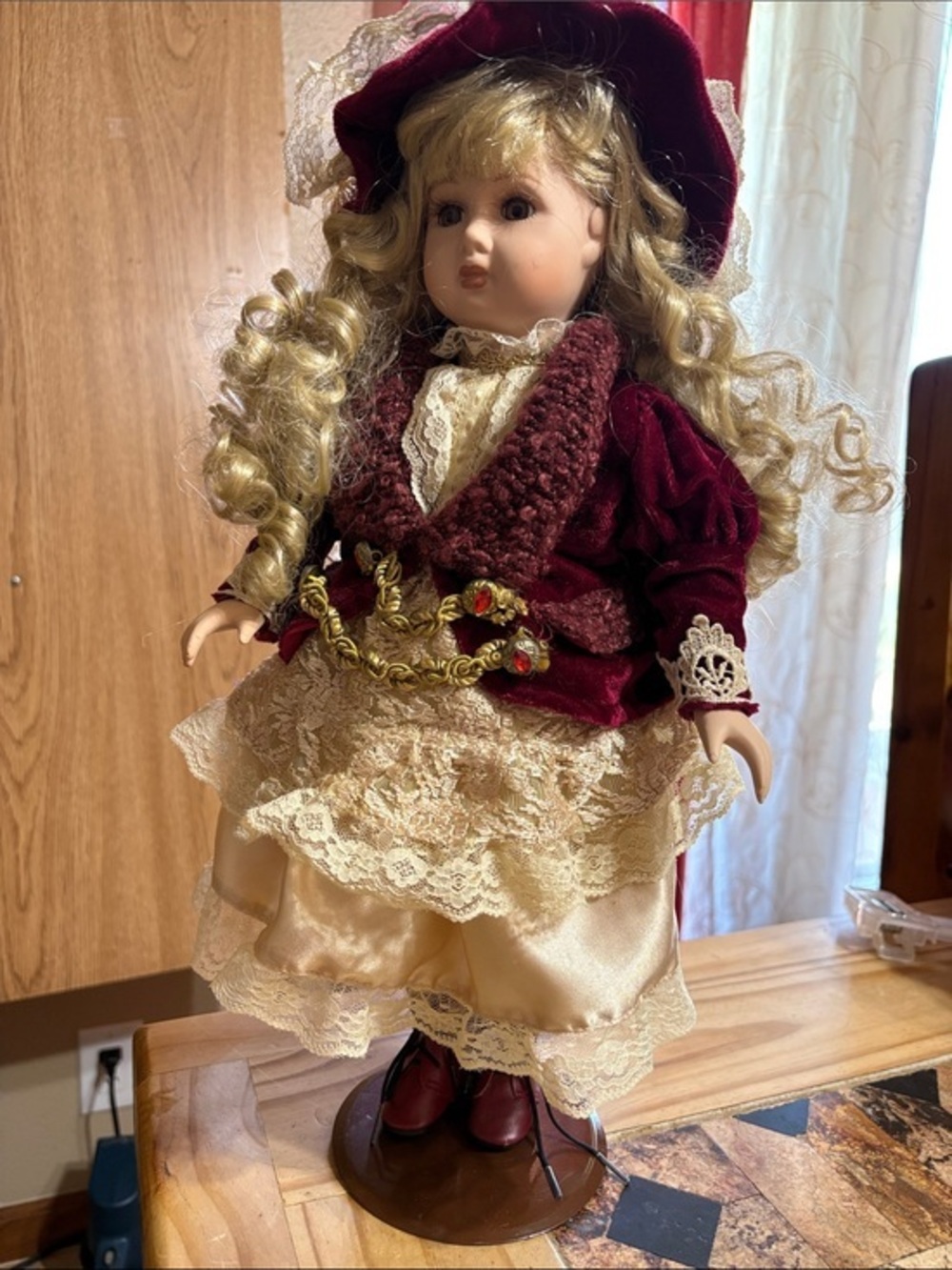 Classic Burgundy and Cream Porcelain Doll with Lace Dress 16 in tall